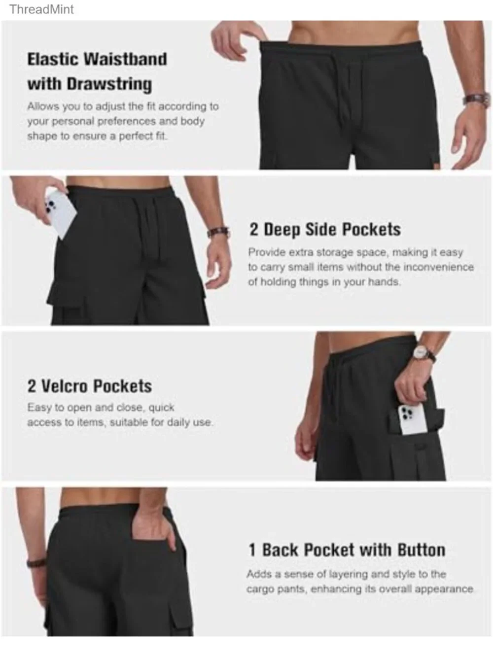 Men's Cargo Shorts Elastic Waist Drawstring Stretch Hiking Shorts 5 Pockets